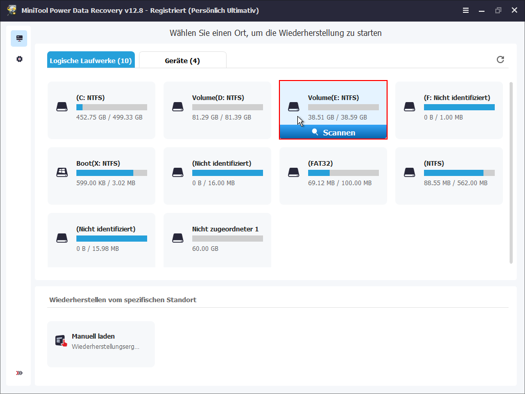 MiniTool Power Data Recovery-Oberfläche mit ausgewählter Schaltfläche Scannen, um Dateien zu durchsuchen.