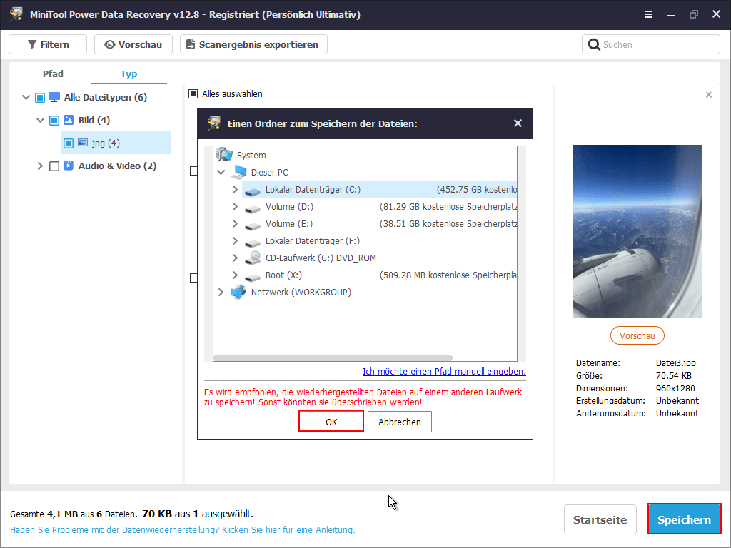 MiniTool Power Data Recovery-Oberfläche mit ausgewählter Schaltfläche Speichern, die ein kleines Fenster zur Auswahl des Speicherpfads zeigt.