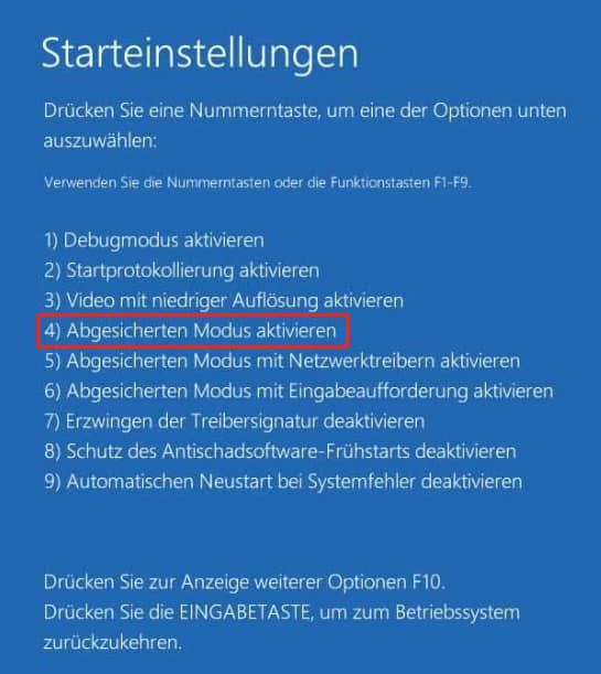 Startkonfiguration-Oberfläche mit hervorgehobener Option Abgesicherter Modus aktivieren.