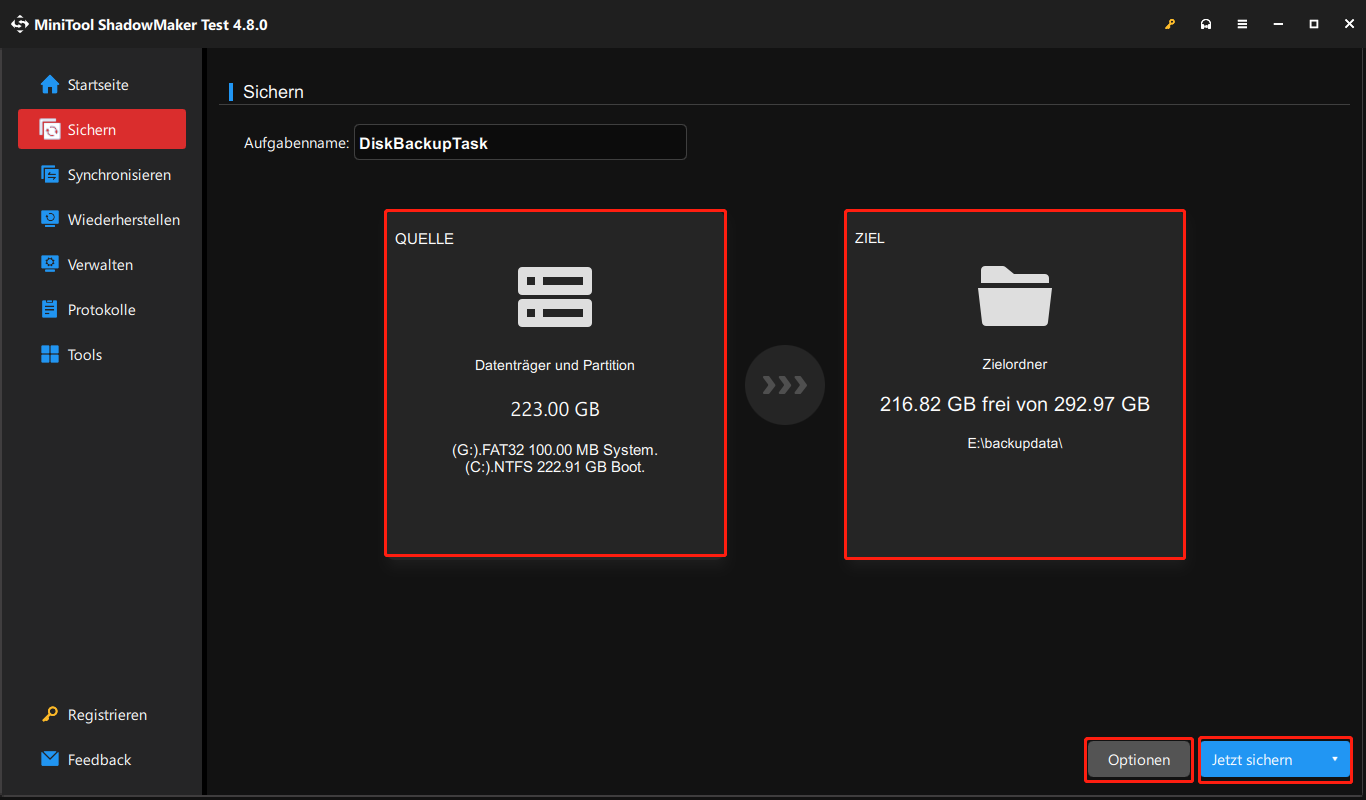 Sichern-Reiter in der MiniTool ShadowMaker-Oberfläche, mit den Schaltflächen QUELLE, ZIEL, Optionen und Jetzt sichern hervorgehoben.