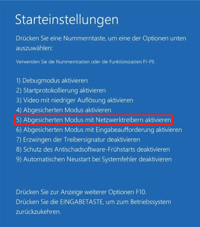 Das Fenster Starteinstellungen zeigt die markierte Option Abgesicherten Modus mit Netzwerk aktivieren.