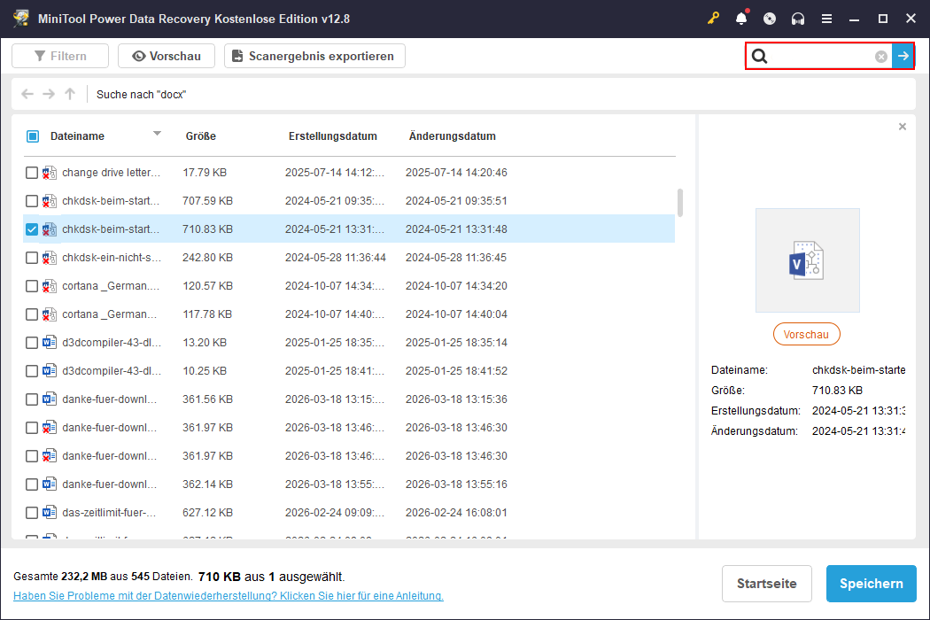 Die Oberfläche von MiniTool Power Data Recovery zeigt Suchergebnisse für das Schlüsselwort article, wobei das Suchfeld markiert ist.