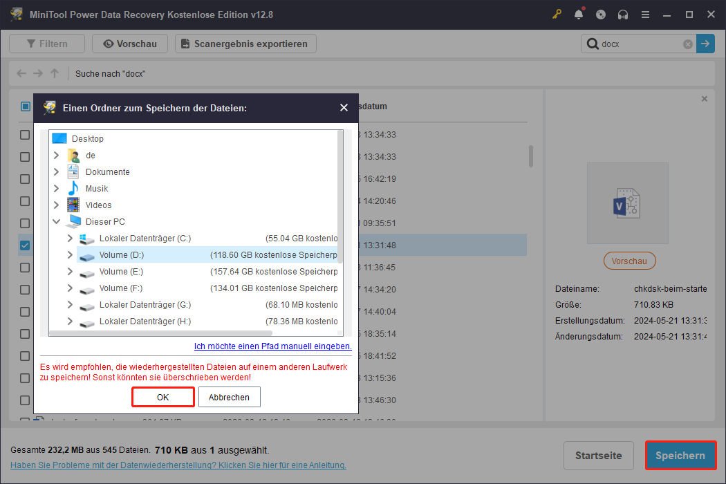 Die Oberfläche von MiniTool Power Data Recovery zeigt die markierte Schaltfläche Speichern sowie ein Fenster zum Speichern von Dateien.
