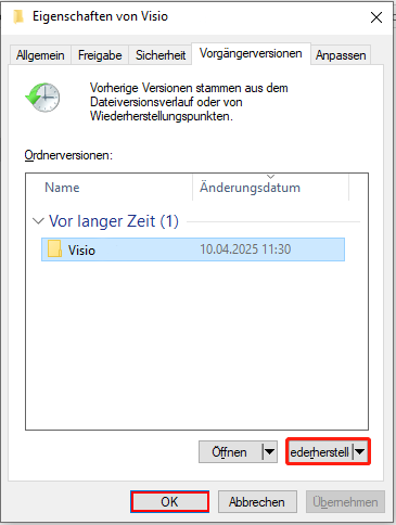 Das Datei-Explorer-Fenster ist auf der Registerkarte Vorherige Versionen geöffnet, wobei die Schaltfläche Wiederherstellen markiert ist.