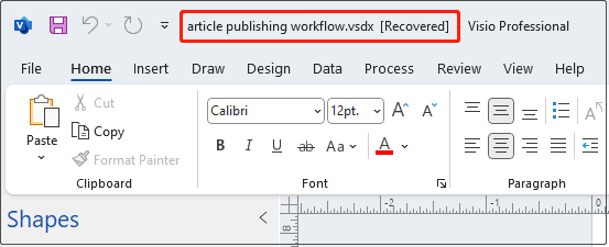 Die Oberfläche von Visio Professional zeigt eine Datei mit der Markierung Wiederhergestellt.