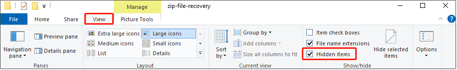File Explorer interface showing the View section with the Hidden items option selected to show hidden files.