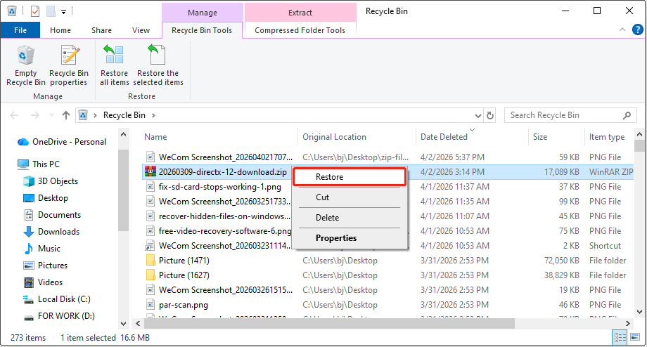 Recycle Bin interface showing all deleted files with the target ZIP file and the Restore option selected.