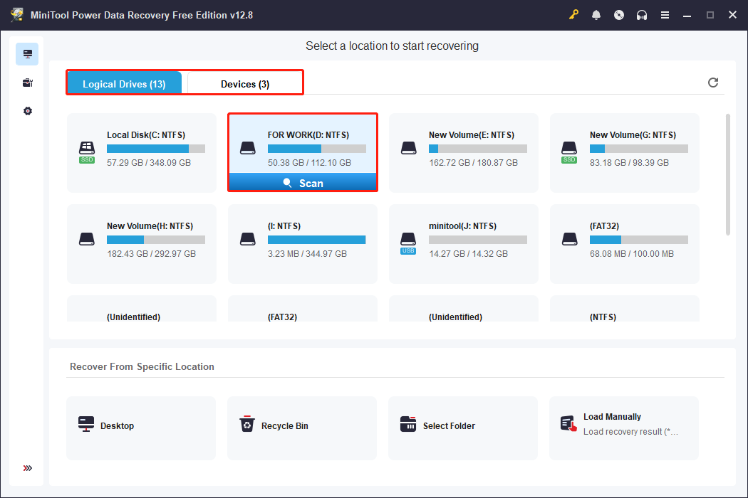 MiniTool Power Data Recovery interface with the D drive selected and the Scan icon highlighted.