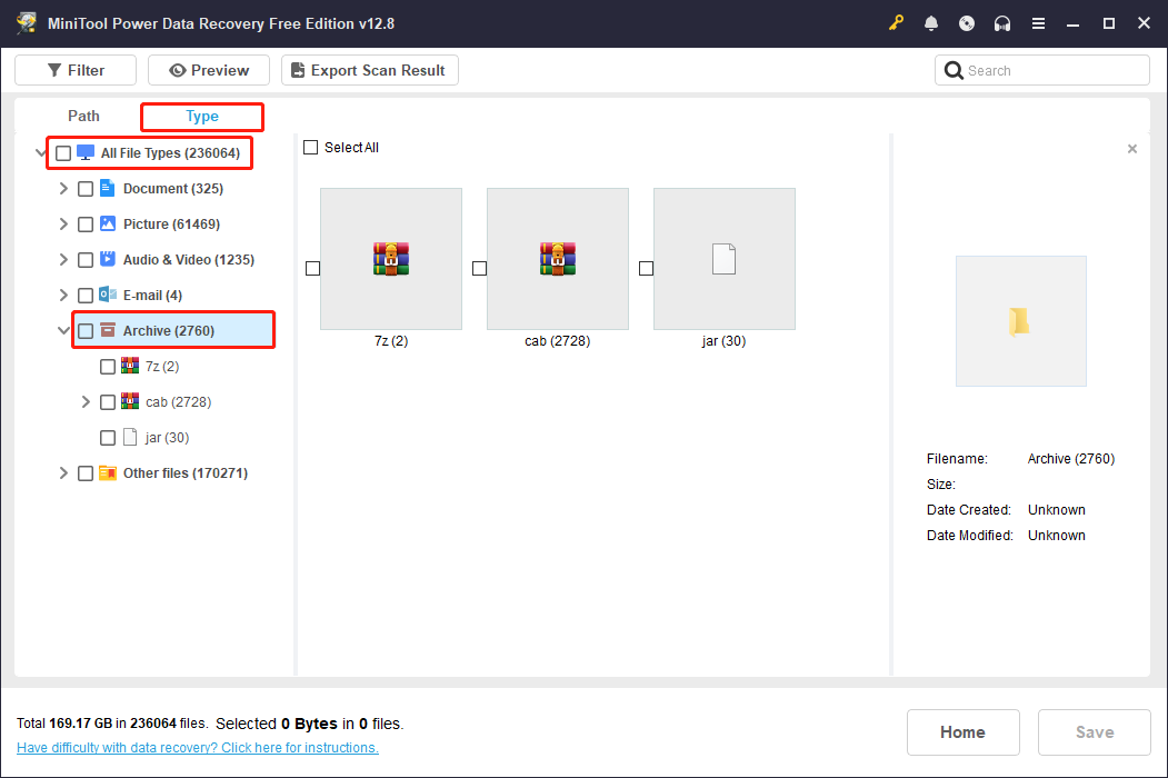 MiniTool Power Data Recovery scan results page showing the Type tab with the Archive category selected to find archive files.