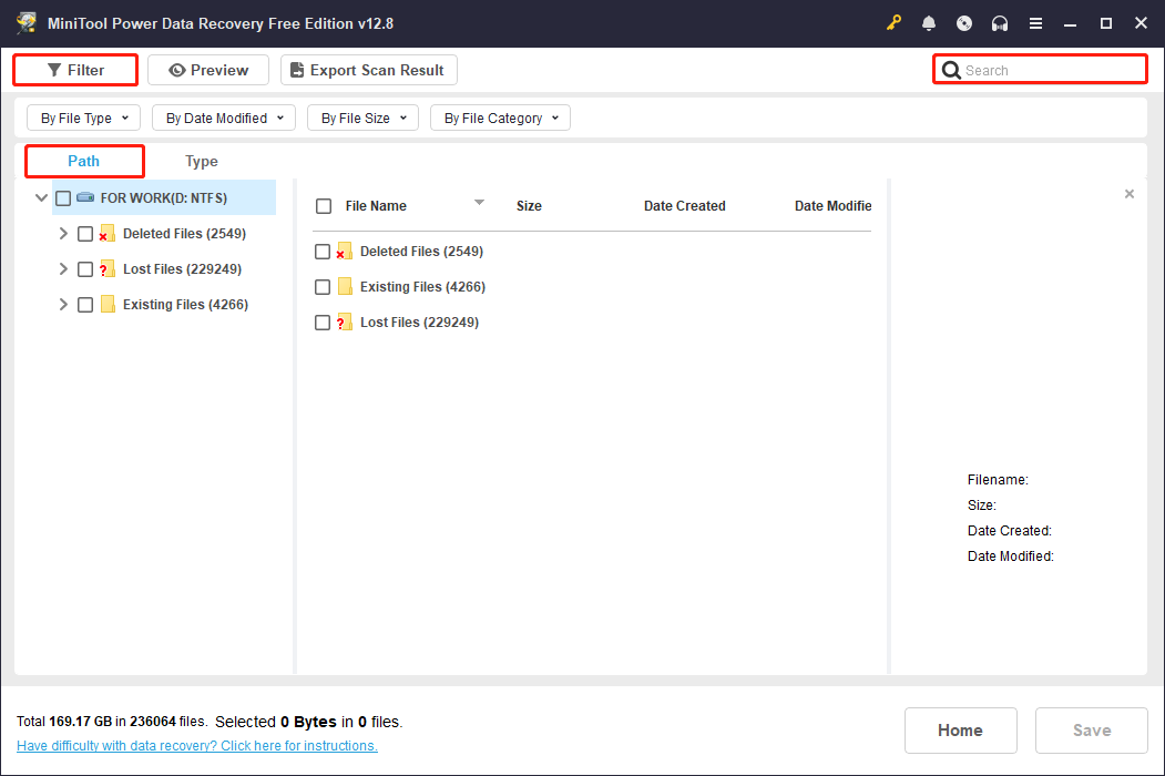MiniTool Power Data Recovery interface showing all found files with Path, Filter, and Search selected to locate files.