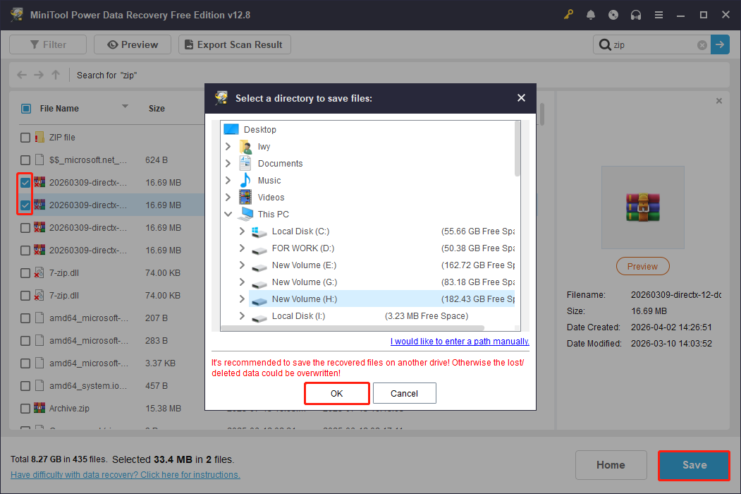 MiniTool Power Data Recovery interface with the Save button selected and a file path window displayed for file recovery.