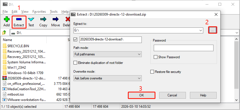 7-Zip interface with the Extract button selected and a box embedded showing a path.