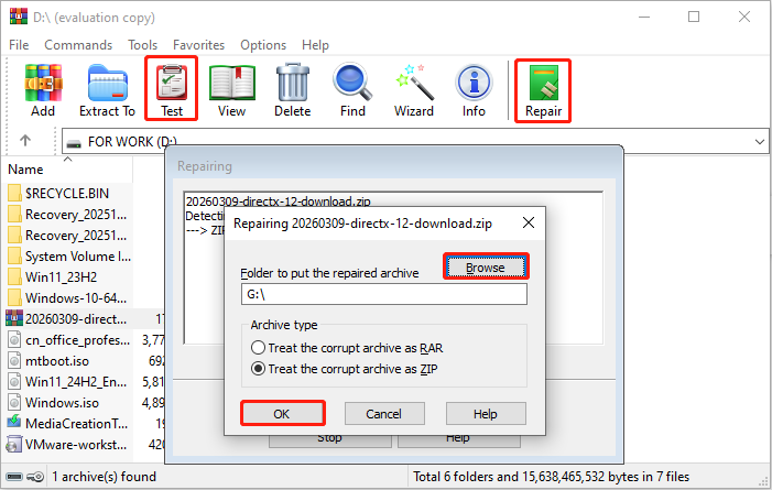 WinRAR interface with the Test and Repair buttons selected and a new box embedded showing a Browse button and a path.