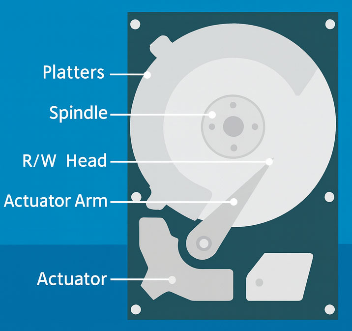 A simplified diagram of the internal structure of an HDD