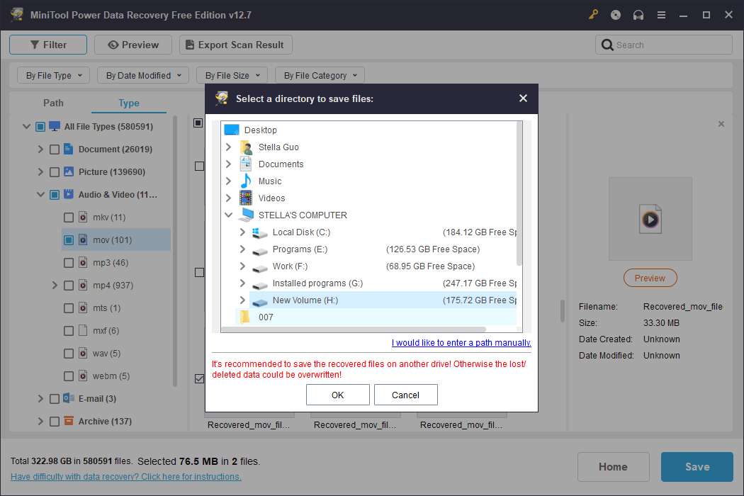 MiniTool Data Recovery software interface with a window to choose a save location