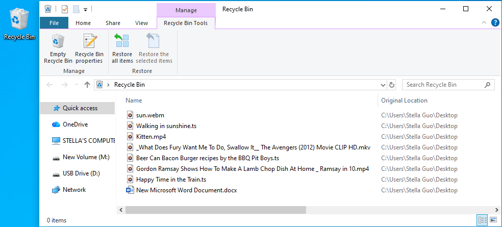 The interface of Recycle Bin with deleted files in it
