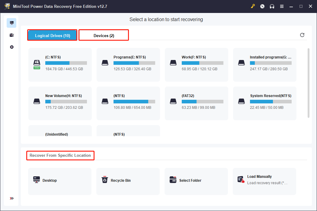 The main user interface of MiniTool Power Data Recovery with logical drives and location-based recovery module displayed