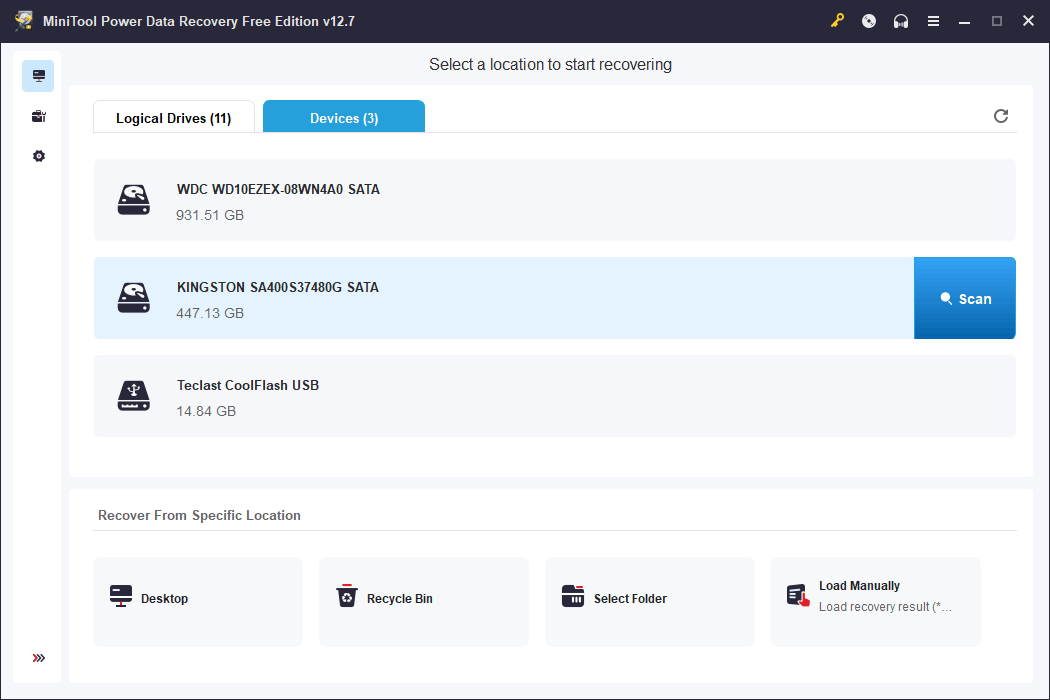 The software interface of MiniTool Power Data Recovery with the KINGSTON drive highlighted to be scanned