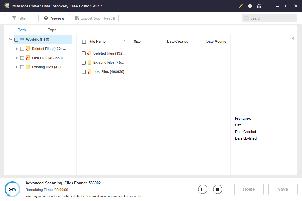 MiniTool Power Data Recovery interface with the advanced scanning in process and partial scan results displayed