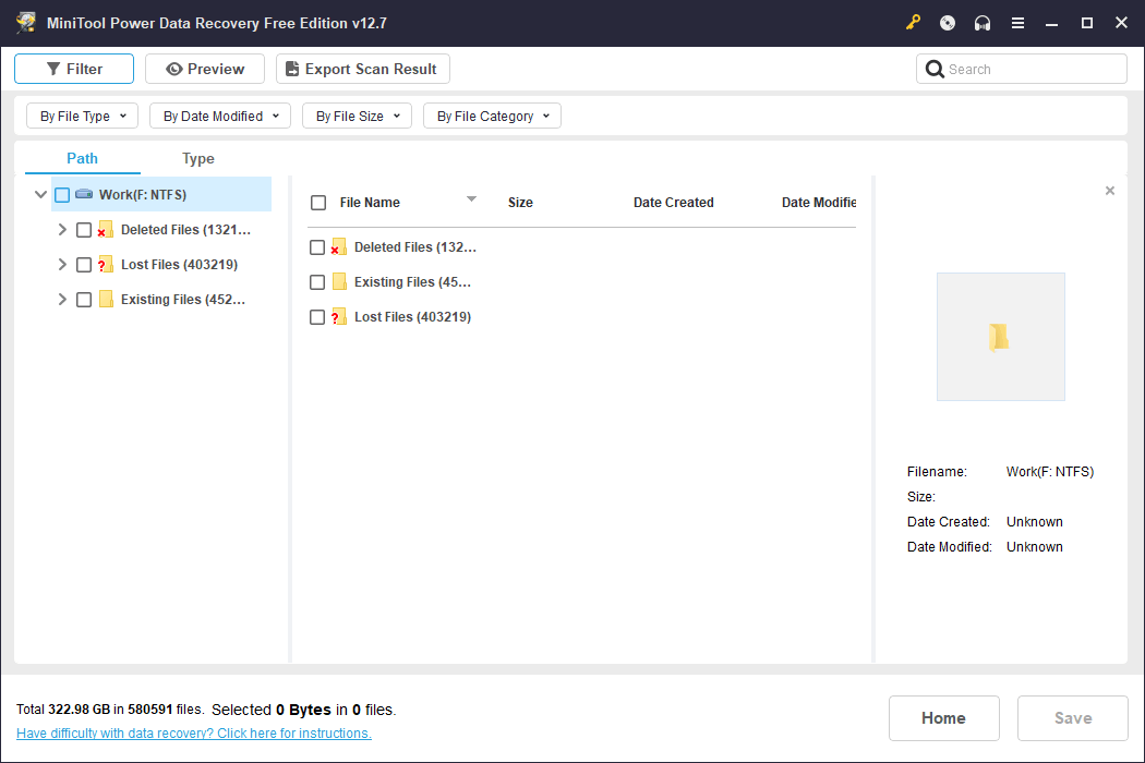 MiniTool Power Data Recovery interface with scan results displayed