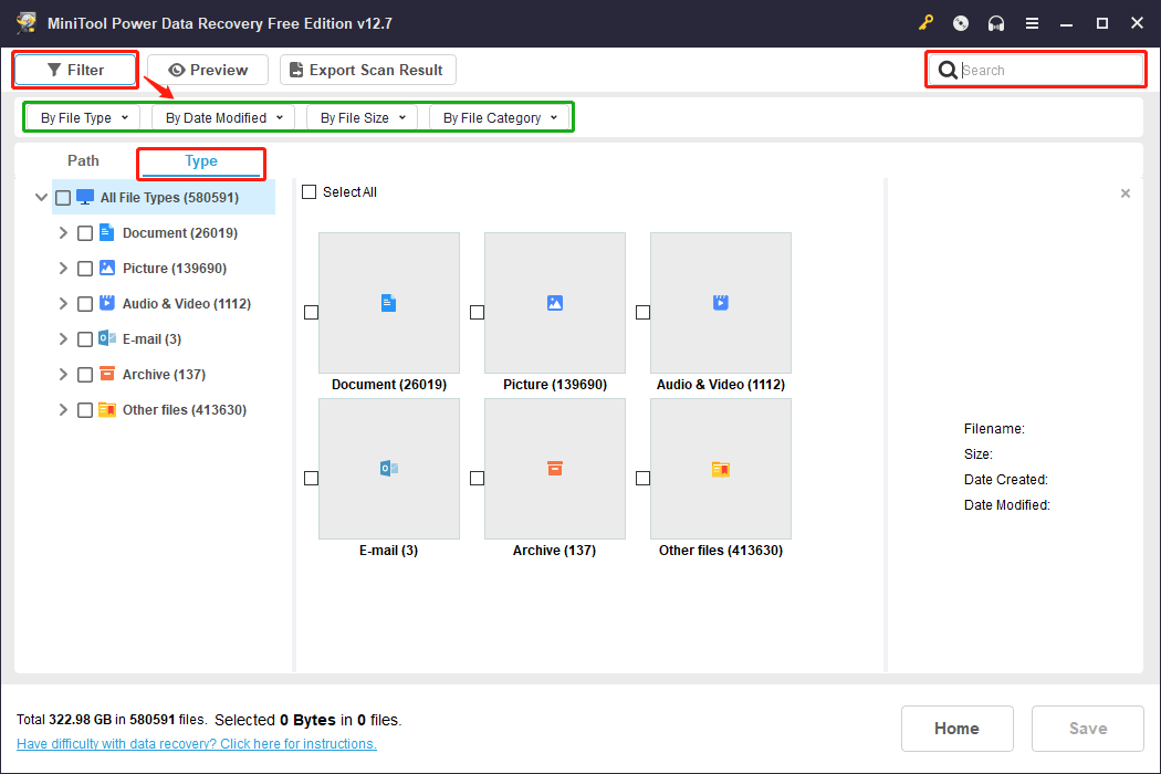 MiniTool Power Data Recovery interface with features to quickly find needed files