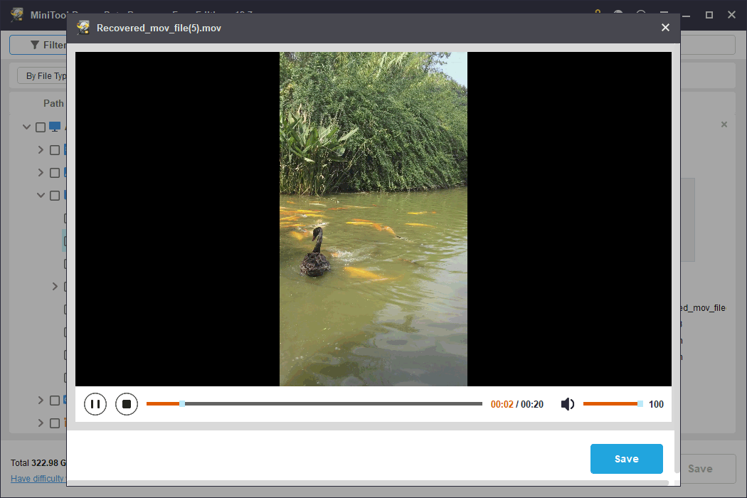MiniTool Data Recovery software interface with a video file is previewed