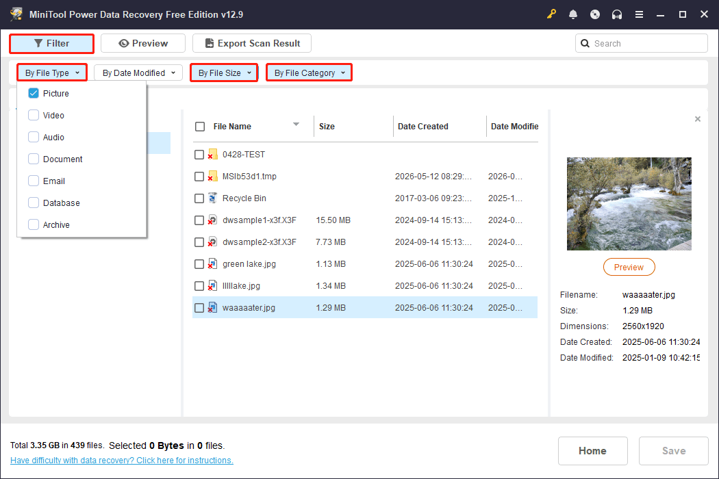 MiniTool Power Data Recovery scan results interface showing filtered pictures.