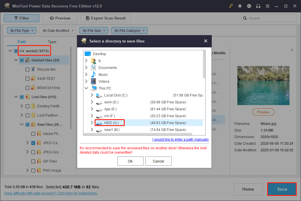 MiniTool Power Data Recovery file saving interface showing available storage paths for recovered files.