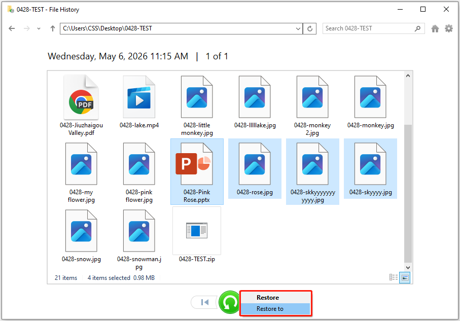 File History interface showing backup files and the Restore buttons.
