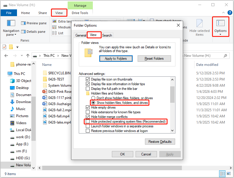 File Explorer folder options interface showing how to unhide operating system files.