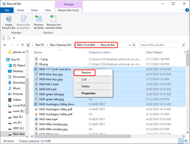 File Explorer interface showing how to restore files from the Recycle Bin folder on an external drive.