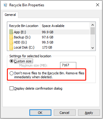 Recycle Bin Properties window with the Do not move files to the Recycle Bin option unchecked.