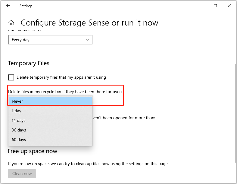 Storage Sense settings showing how to prevent Windows from automatically emptying the Recycle Bin.