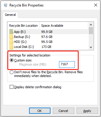 Recycle Bin properties window showing how to set up the maximum size.