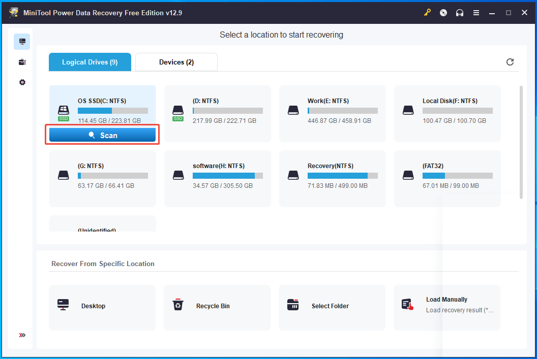 The interface of MiniTool Power Data Recovery with Scan selected to find disappeared desktop files.