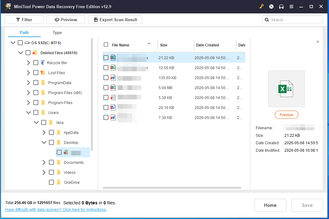 The scan result window of MiniTool Power Data Recovery.