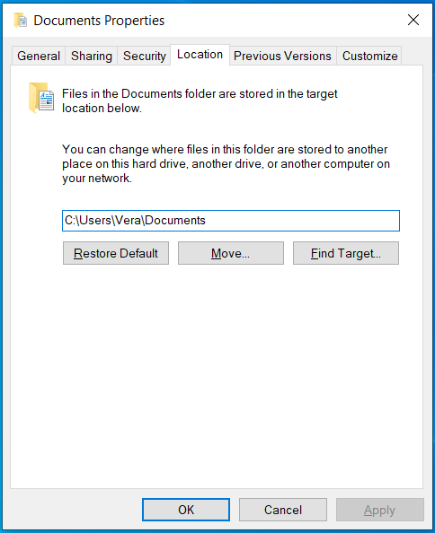 The Documents properties to check folder location.