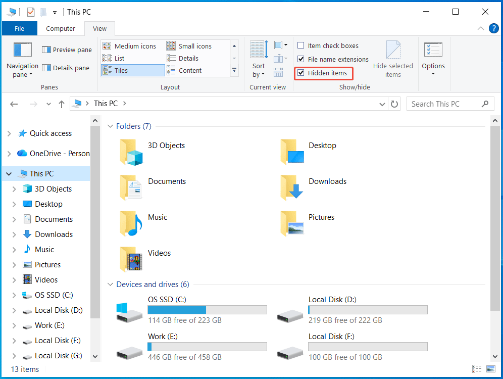 The File Explorer window with the selected Hidden items option under View.