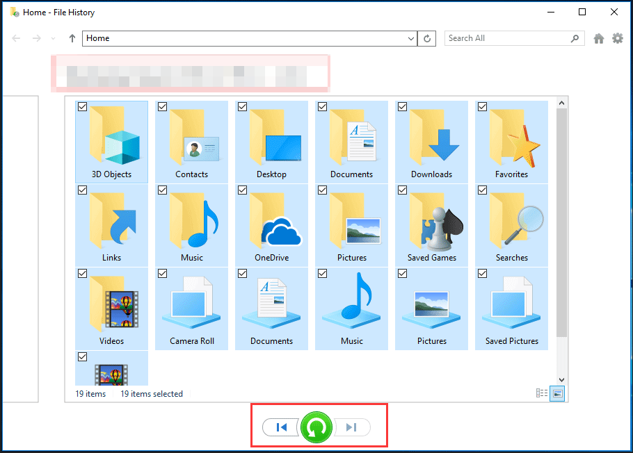 The home page of File History with selected folders to restore files.