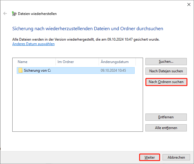 Die Oberfläche Dateien wiederherstellen zeigt die Option Nach Ordnern suchen und einen ausgewählten Ordner.
