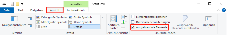 Die Benutzeroberfläche des Datei-Explorers zeigt im Bereich Ansicht die aktivierte Option Versteckte Elemente.