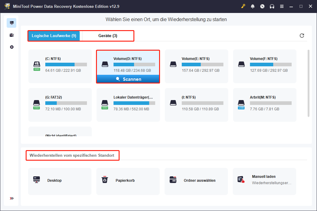 Die Benutzeroberfläche von MiniTool Power Data Recovery zeigt alle Partitionen, wobei das Laufwerk D ausgewählt und das Symbol Scannen hervorgehoben ist.
