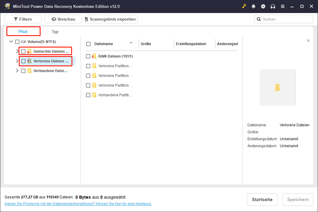 Die Benutzeroberfläche von MiniTool Power Data Recovery zeigt die Registerkarte Pfad mit den ausgewählten Optionen Gelöschte Dateien und Verlorene Dateien.