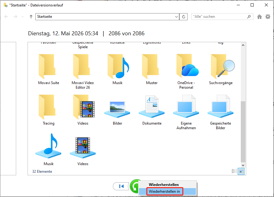 Die Benutzeroberfläche des Dateiversionsverlaufs zeigt alle Sicherungsdateien mit dem Ordner Bilder und der ausgewählten Option Wiederherstellen in.