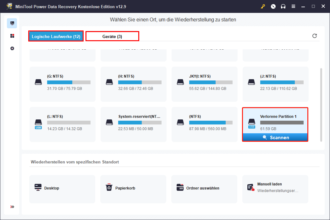 MiniTool Power Data Recovery-Oberfläche mit hervorgehobenen Optionen für Logische Laufwerke, Geräte und Scannen.