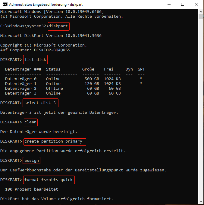 Eingabeaufforderung mit den DiskPart-Befehlen zum Bereinigen und Formatieren von Datenträger 3.