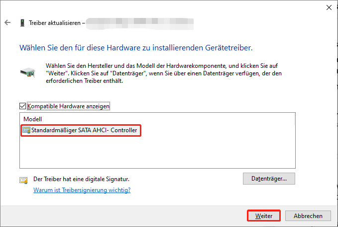Fenster zur Treiberaktualisierung mit dem Treiber Standardmäßiger SATA-AHCI-Controller.