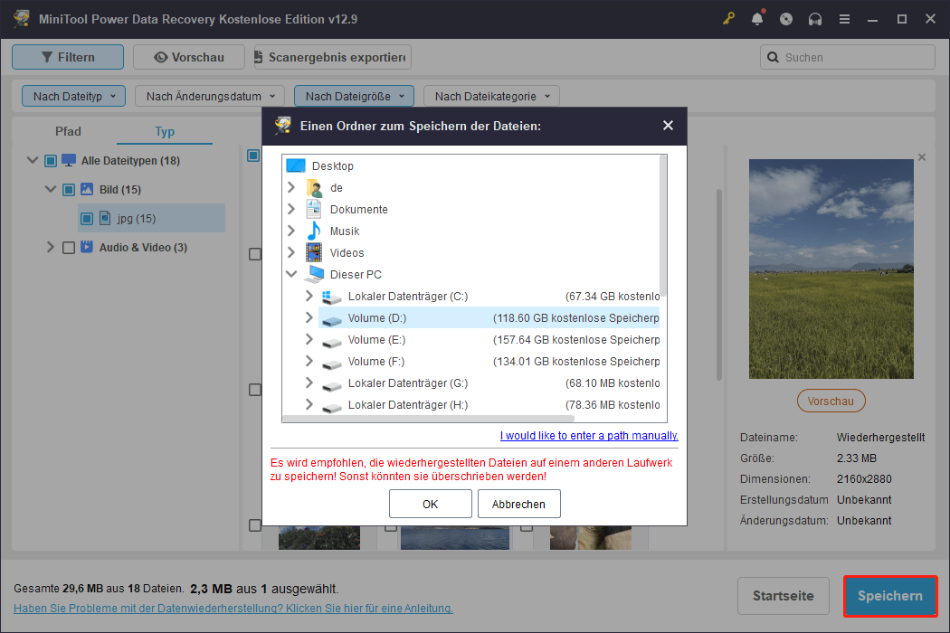 MiniTool Power Data Recovery-Oberfläche mit ausgewählter Schaltfläche Speichern und einem Fenster zur Auswahl des Speicherorts.