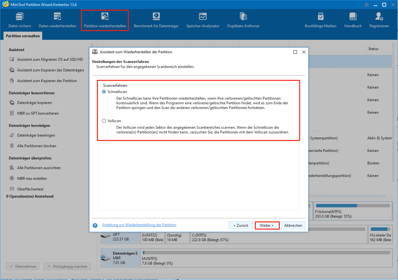 MiniTool Partition Wizard-Oberfläche mit dem Assistenten zur Partitionswiederherstellung, wobei Schnellscan und Vollständiger Scan hervorgehoben sind.