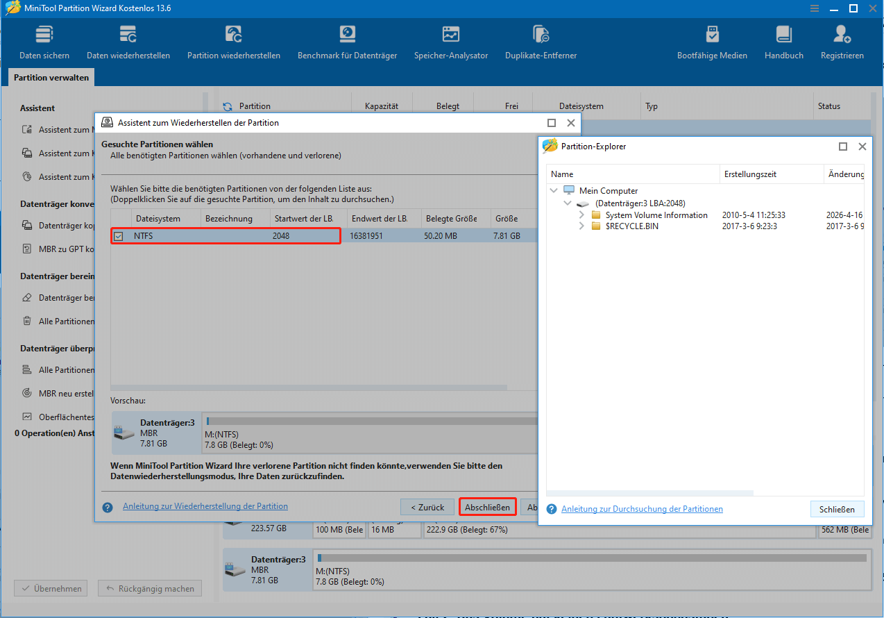 MiniTool Partition Wizard-Oberfläche mit wiederhergestellten Partitionen und Dateien, wobei die Schaltfläche Speichern hervorgehoben ist.